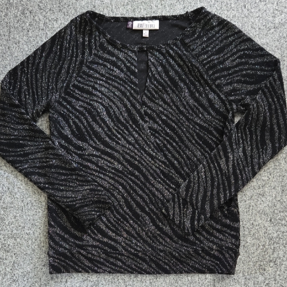 Jennifer Lopez Shimmery Black and Silver Top Size Small Women's